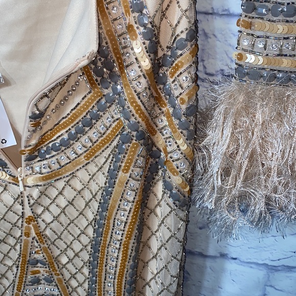 ASOS - DESIGN Embellished sequin midi dress w/ faux feather trims in gold ✨NWT - Picture 13 of 16